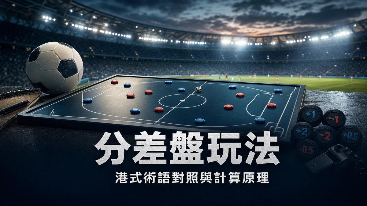 足球分差盤玩法教學：戰術板上標示分差球數與半球盤線的示意場景