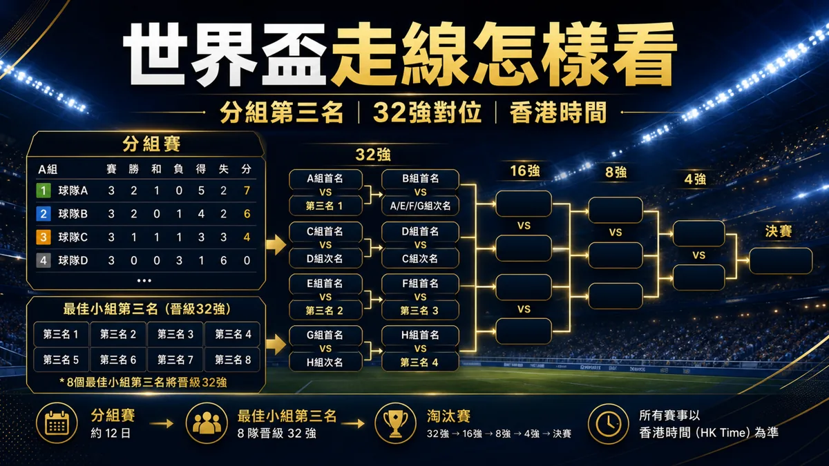 世界盃走線怎樣看：分組第三名、32 強對位與香港時間 封面圖